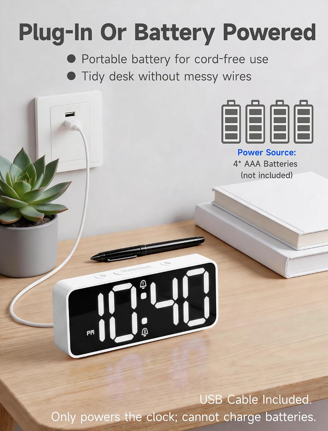 Battery Operated Small Digital Alarm Clock — Cordless or Plug-in, Extra Loud 105dB for Heavy Sleepers Adults, LED Bedside Desk Clock for Bedroom, 2 Alarms, 5-Level Dimmer, DST(Black+White)
