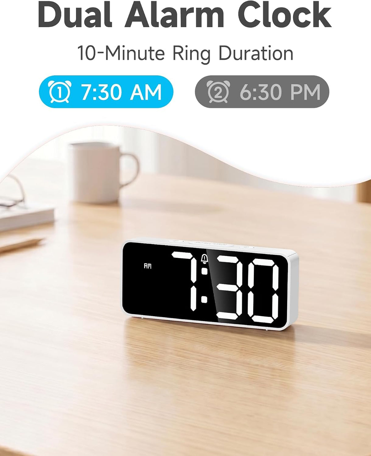 Battery Operated Small Digital Alarm Clock — Cordless or Plug-in, Extra Loud 105dB for Heavy Sleepers Adults, LED Bedside Desk Clock for Bedroom, 2 Alarms, 5-Level Dimmer, DST(Black+White)