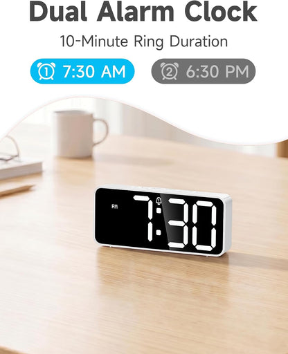 Battery Operated Small Digital Alarm Clock — Cordless or Plug-in, Extra Loud 105dB for Heavy Sleepers Adults, LED Bedside Desk Clock for Bedroom, 2 Alarms, 5-Level Dimmer, DST(Black+White)