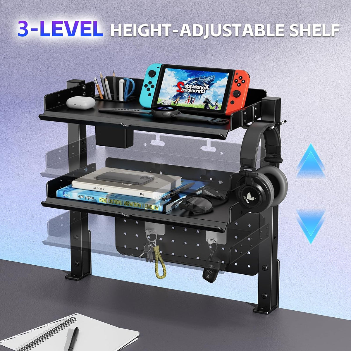 Metal Clamp On Desk Shelf,Storage Shelves with Pegboard and Pencil Holder