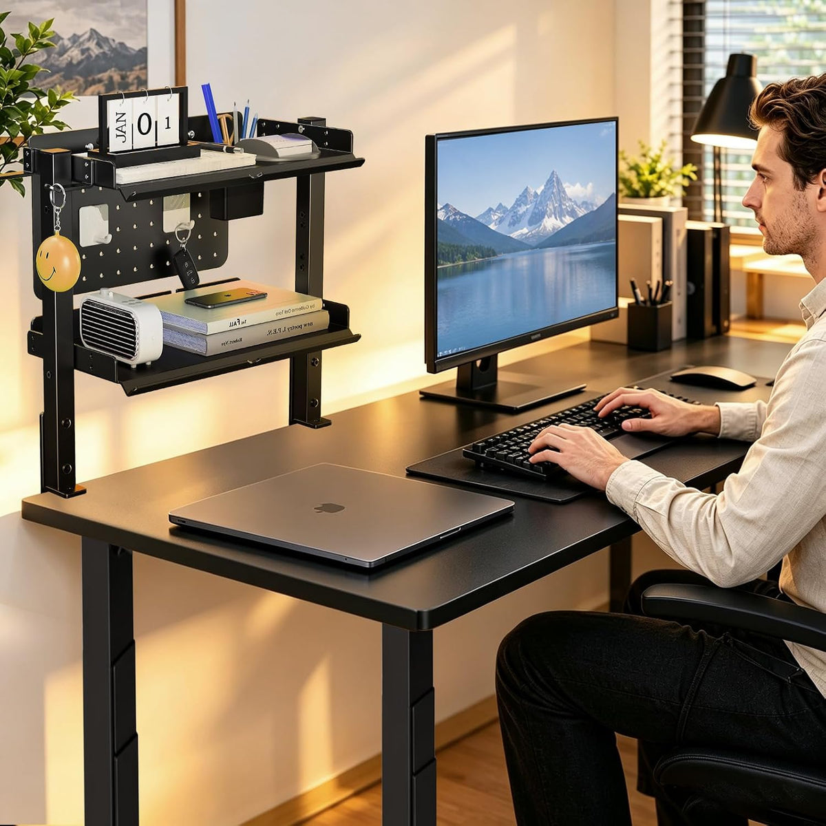 Metal Clamp On Desk Shelf,Storage Shelves with Pegboard and Pencil Holder