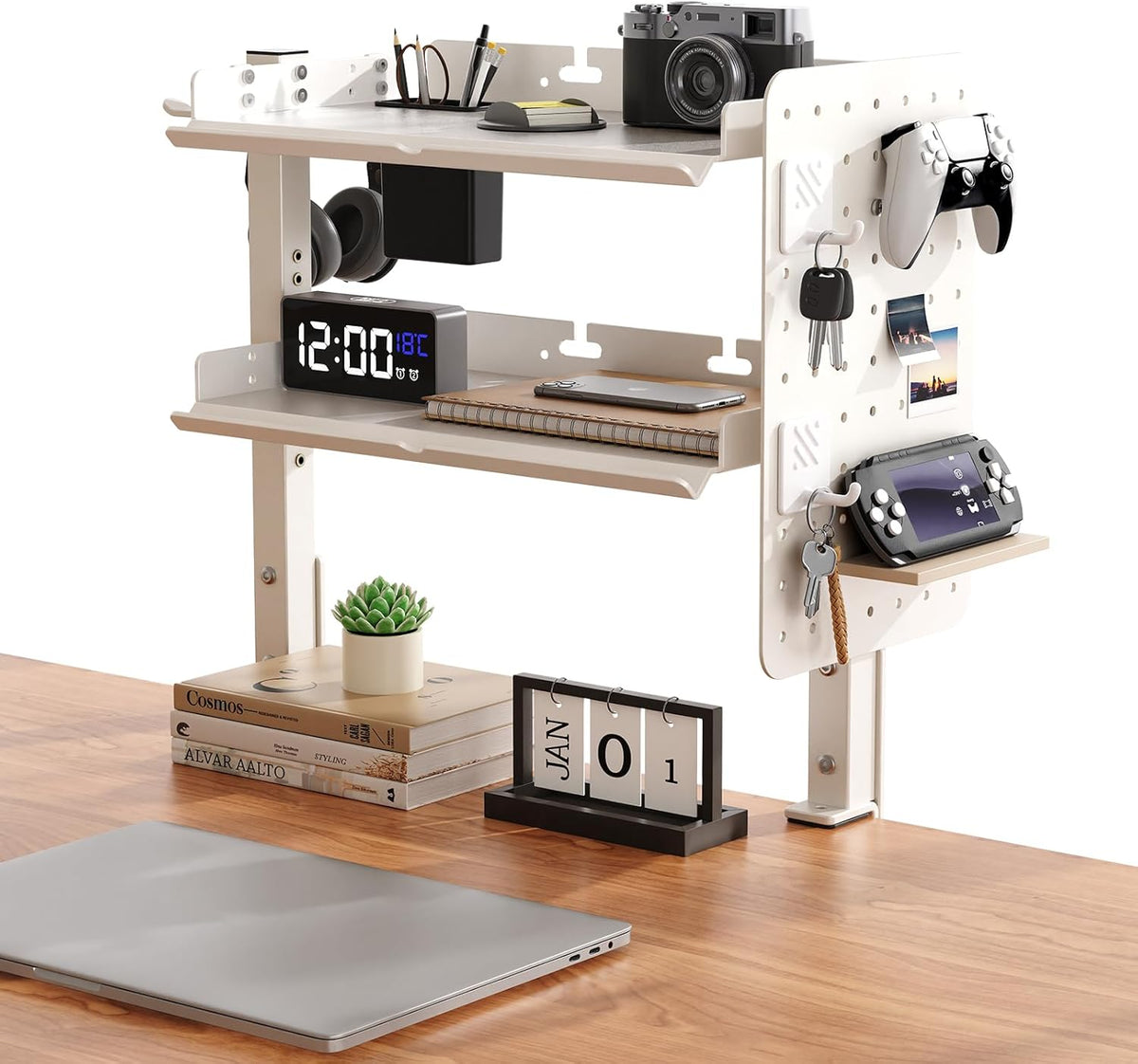 Metal Clamp On Desk Shelf,Storage Shelves with Pegboard and Pencil Holder
