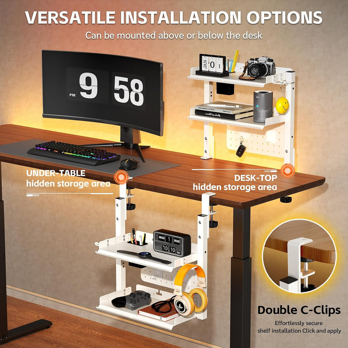 Metal Clamp On Desk Shelf,Storage Shelves with Pegboard and Pencil Holder