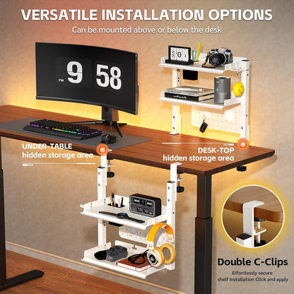 Metal Clamp On Desk Shelf,Storage Shelves with Pegboard and Pencil Holder