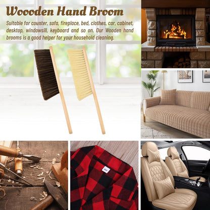 2 Pieces Woooden Dust Brush Hand Broom Bench Brush with Long Wood Handle Whisk Broom Soft Bristle Brush for Counter Bed Sofa Car Fireplace Clothes Household Cleaning