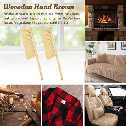 2 Pieces Woooden Dust Brush Hand Broom Bench Brush with Long Wood Handle Whisk Broom Soft Bristle Brush for Counter Bed Sofa Car Fireplace Clothes Household Cleaning