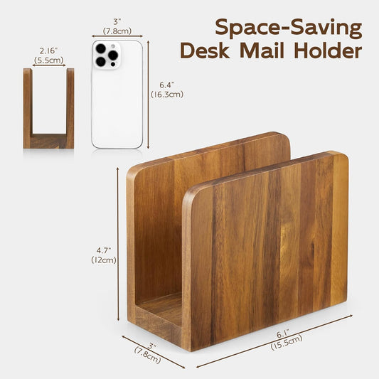 Acacia Wood Mail Organizer, Mail Holder for Desk, Letter Holder for Countertop, Small Envelope Holder, Desk Organizers and Accessories for Home Office