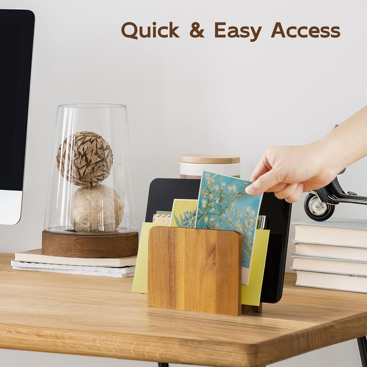 Acacia Wood Mail Organizer, Mail Holder for Desk, Letter Holder for Countertop, Small Envelope Holder, Desk Organizers and Accessories for Home Office