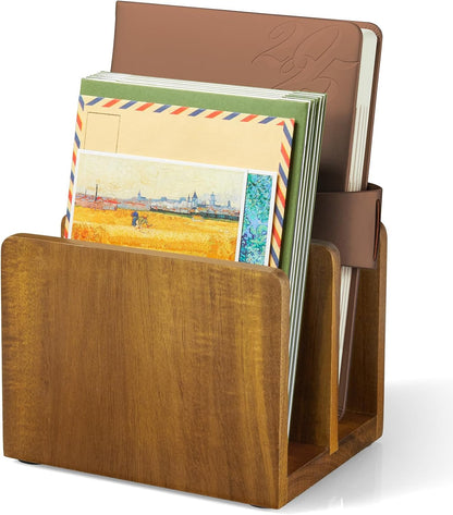 Acacia Wood Mail Organizer, Mail Holder for Desk, Letter Holder for Countertop, Small Envelope Holder, Desk Organizers and Accessories for Home Office
