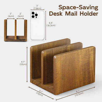 Acacia Wood Mail Organizer, Mail Holder for Desk, Letter Holder for Countertop, Small Envelope Holder, Desk Organizers and Accessories for Home Office