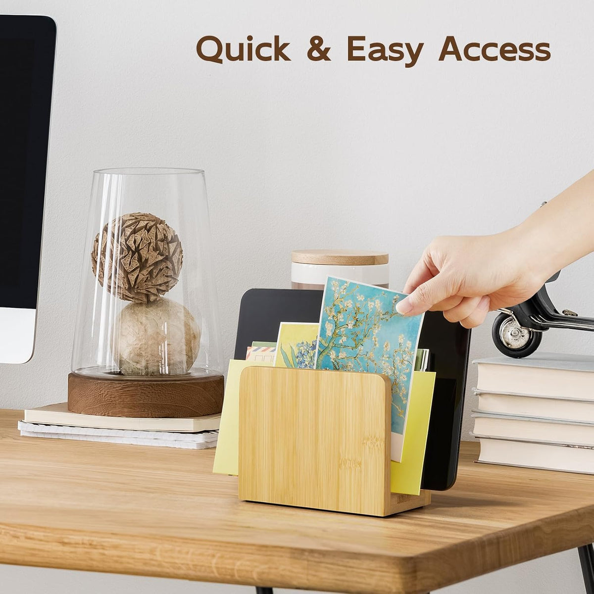 Acacia Wood Mail Organizer, Mail Holder for Desk, Letter Holder for Countertop, Small Envelope Holder, Desk Organizers and Accessories for Home Office