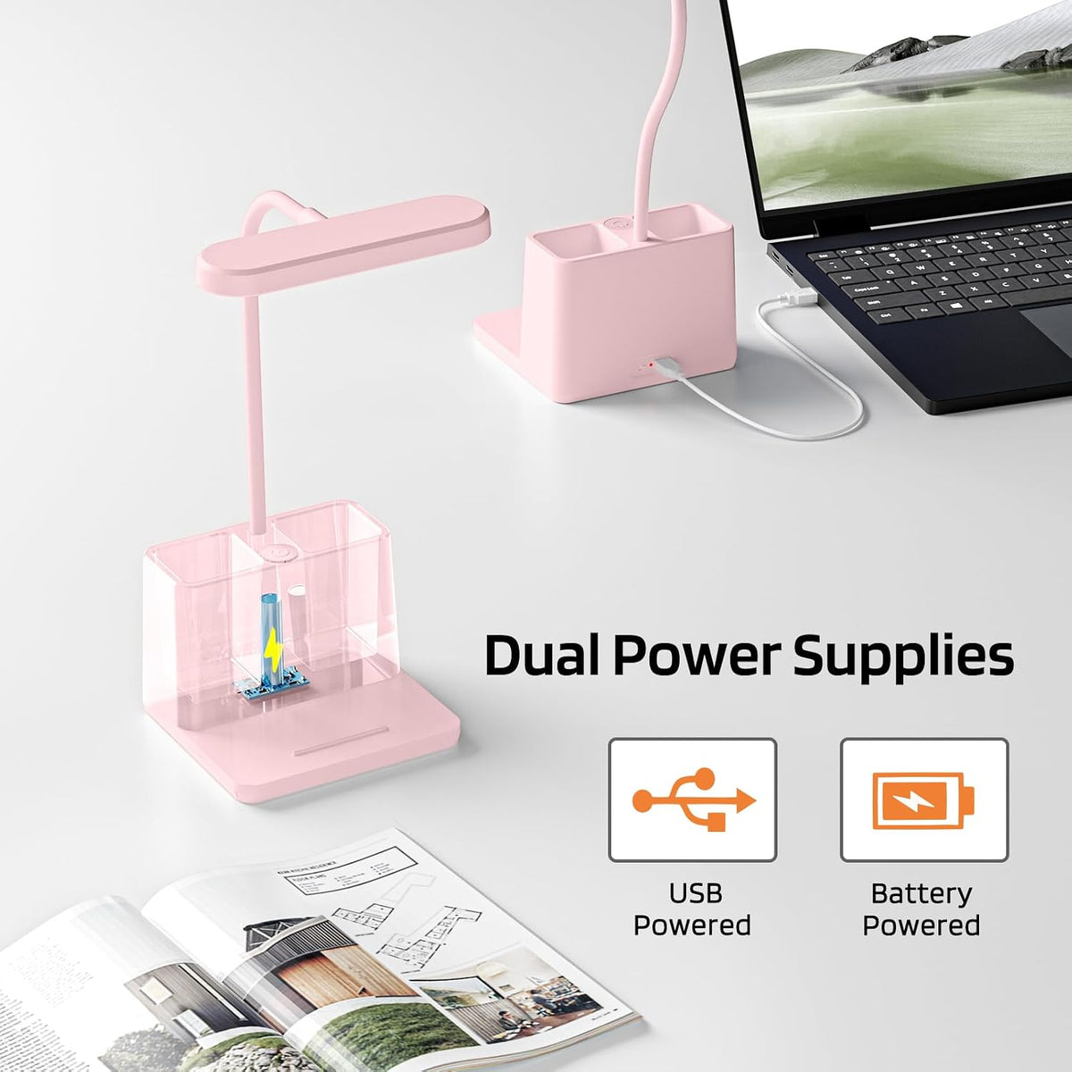 AXX Black LED Desk Lamp, Battery Operated Small Table Light for Dorm Room