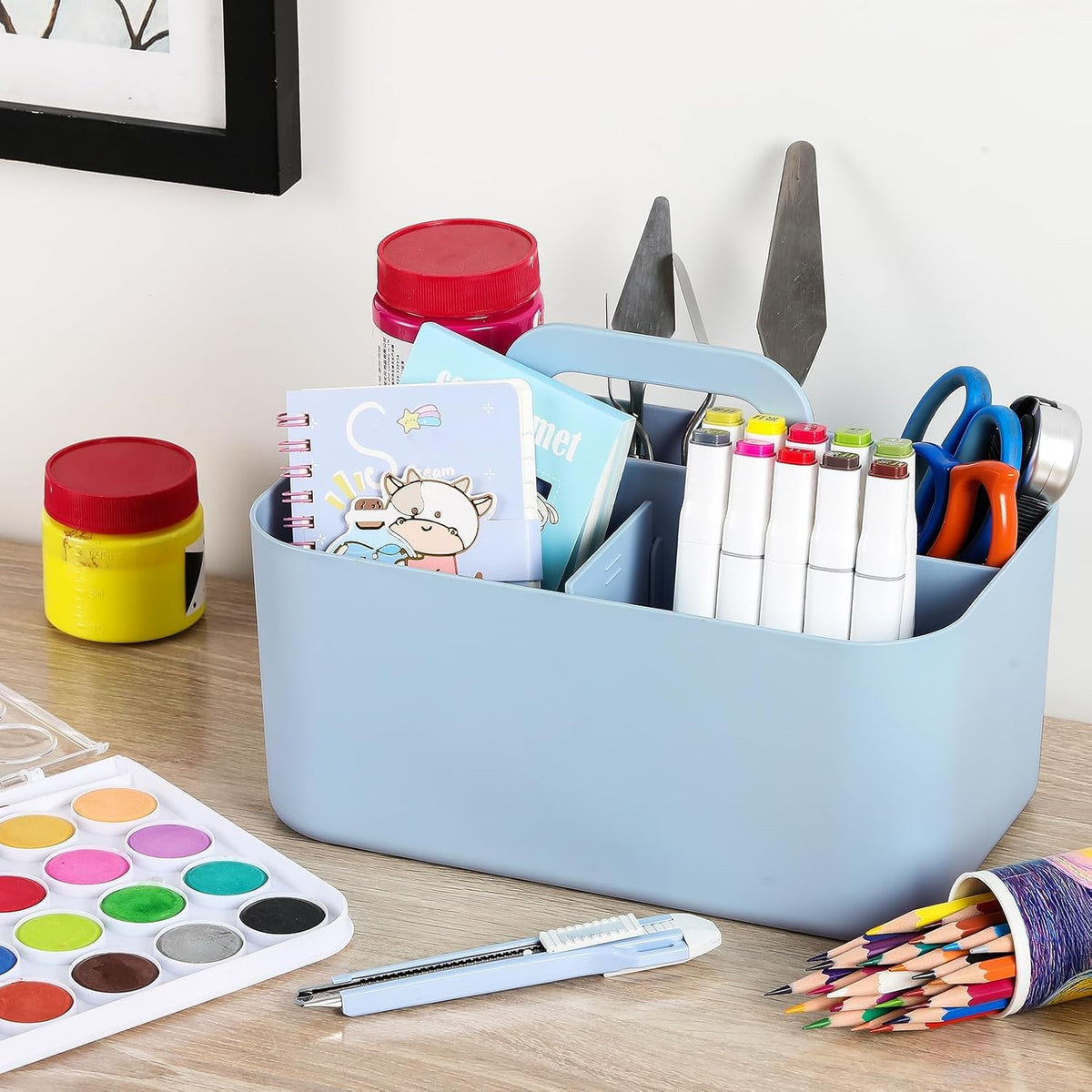 Multiuse Caddy Organizer with Handle, Portable Divided Plastic Tote Bin - Art Craft, Stationary Pen Marker Crayons, Makeup Hair Supplies Storage - Bathroom, Classroom, Dorm, Office, Desk Holder -Black