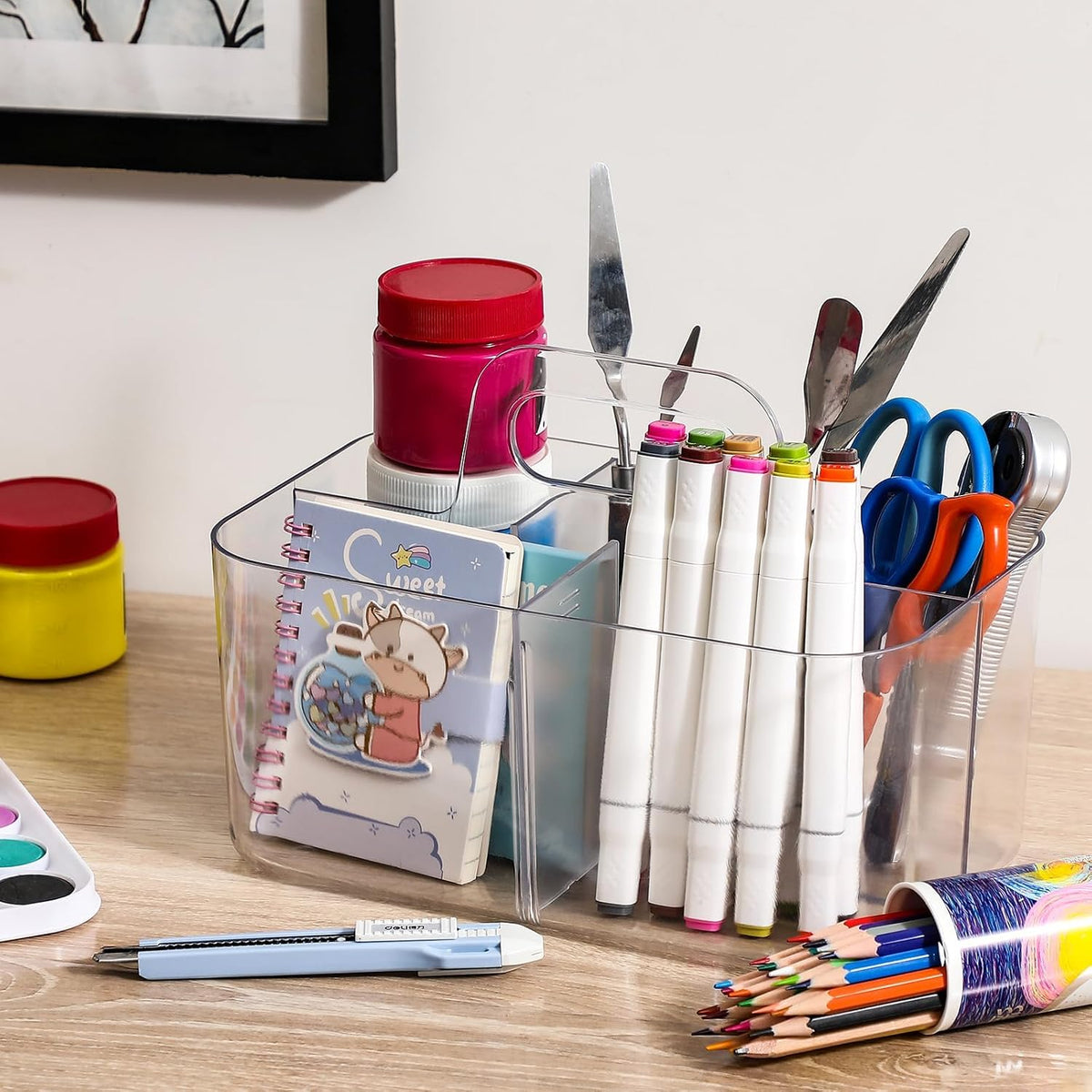 Multiuse Caddy Organizer with Handle, Portable Divided Plastic Tote Bin - Art Craft, Stationary Pen Marker Crayons, Makeup Hair Supplies Storage - Bathroom, Classroom, Dorm, Office, Desk Holder -Black