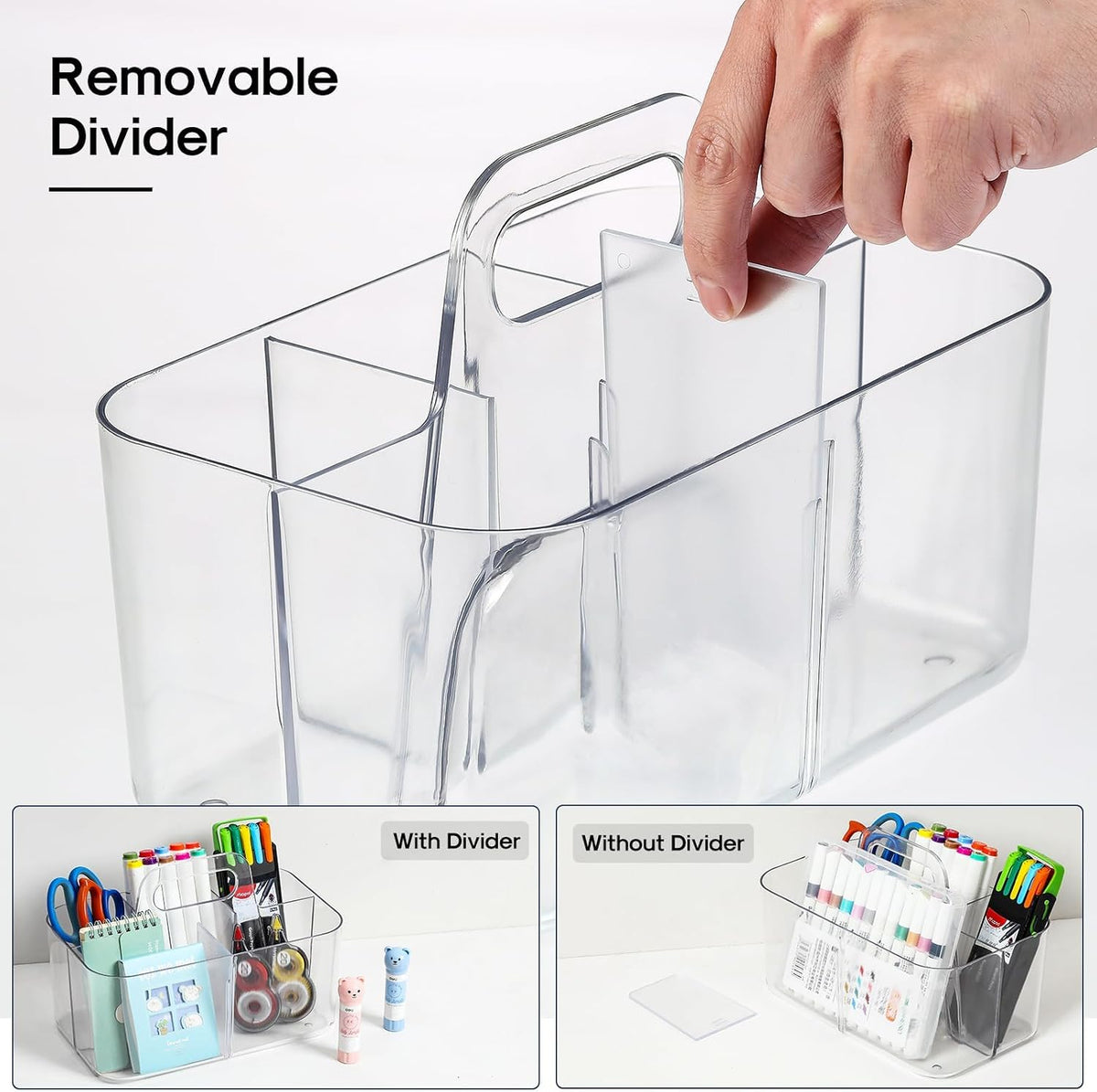 Multiuse Caddy Organizer with Handle, Portable Divided Plastic Tote Bin - Art Craft, Stationary Pen Marker Crayons, Makeup Hair Supplies Storage - Bathroom, Classroom, Dorm, Office, Desk Holder -Black