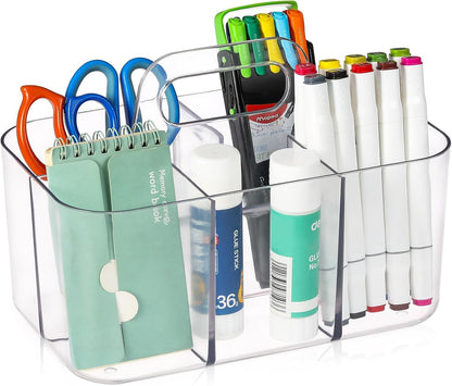 Multiuse Caddy Organizer with Handle, Portable Divided Plastic Tote Bin - Art Craft, Stationary Pen Marker Crayons, Makeup Hair Supplies Storage - Bathroom, Classroom, Dorm, Office, Desk Holder -Black
