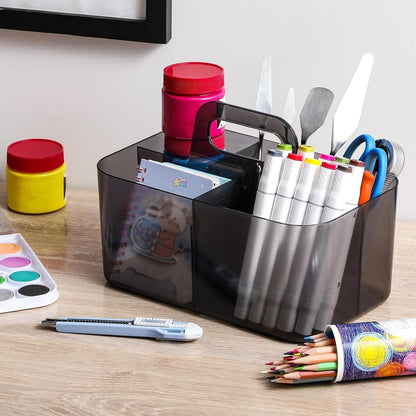 Multiuse Caddy Organizer with Handle, Portable Divided Plastic Tote Bin - Art Craft, Stationary Pen Marker Crayons, Makeup Hair Supplies Storage - Bathroom, Classroom, Dorm, Office, Desk Holder -Black