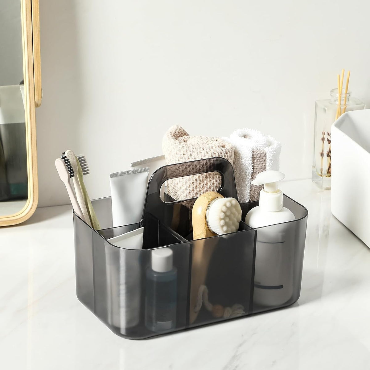Multiuse Caddy Organizer with Handle, Portable Divided Plastic Tote Bin - Art Craft, Stationary Pen Marker Crayons, Makeup Hair Supplies Storage - Bathroom, Classroom, Dorm, Office, Desk Holder -Black