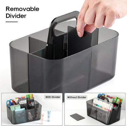 Multiuse Caddy Organizer with Handle, Portable Divided Plastic Tote Bin - Art Craft, Stationary Pen Marker Crayons, Makeup Hair Supplies Storage - Bathroom, Classroom, Dorm, Office, Desk Holder -Black