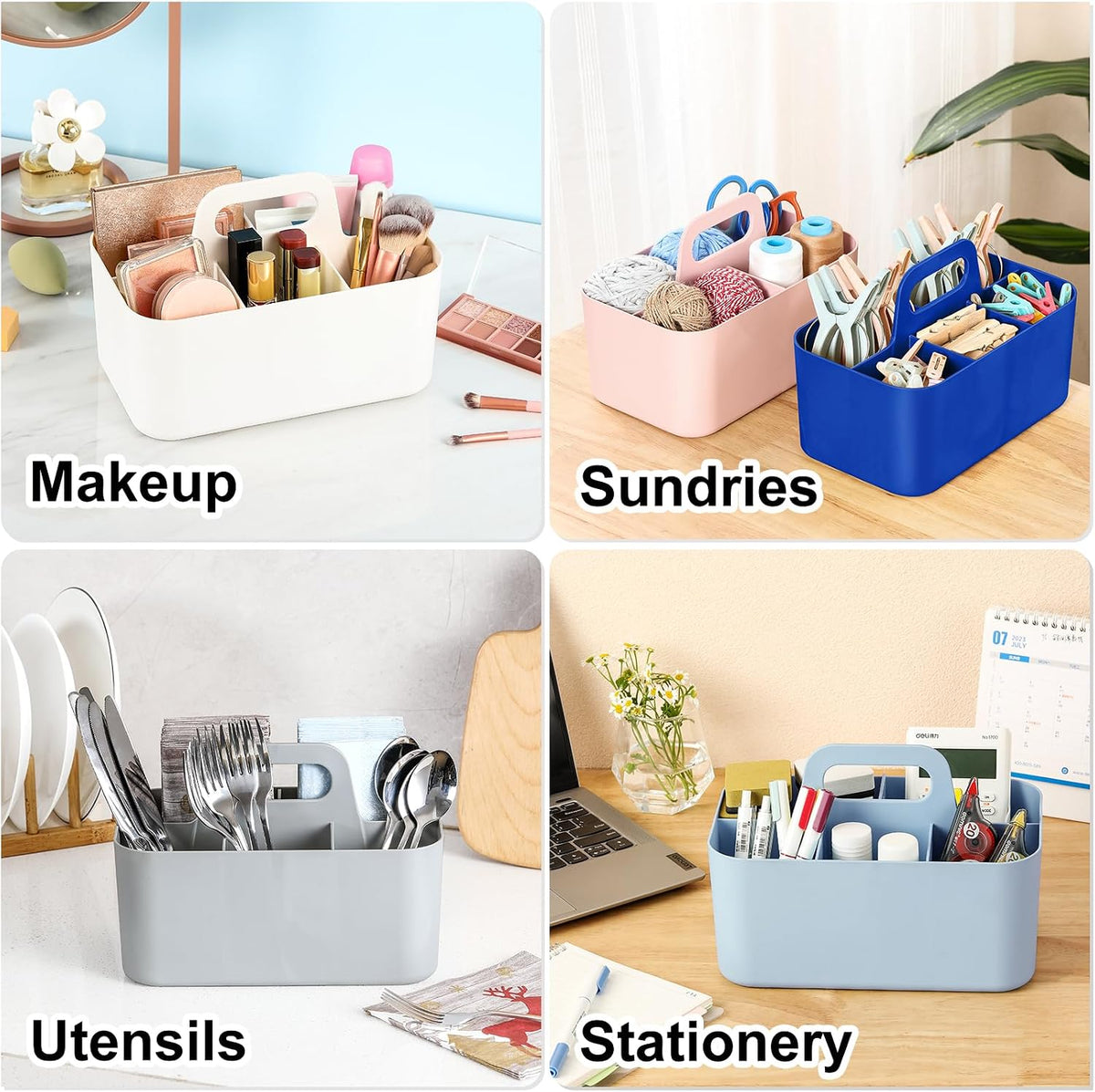 Multiuse Caddy Organizer with Handle, Portable Divided Plastic Tote Bin - Art Craft, Stationary Pen Marker Crayons, Makeup Hair Supplies Storage - Bathroom, Classroom, Dorm, Office, Desk Holder -Black