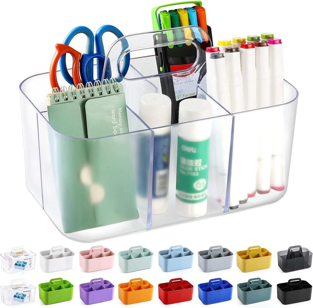 Multiuse Caddy Organizer with Handle, Portable Divided Plastic Tote Bin - Art Craft, Stationary Pen Marker Crayons, Makeup Hair Supplies Storage - Bathroom, Classroom, Dorm, Office, Desk Holder -Black