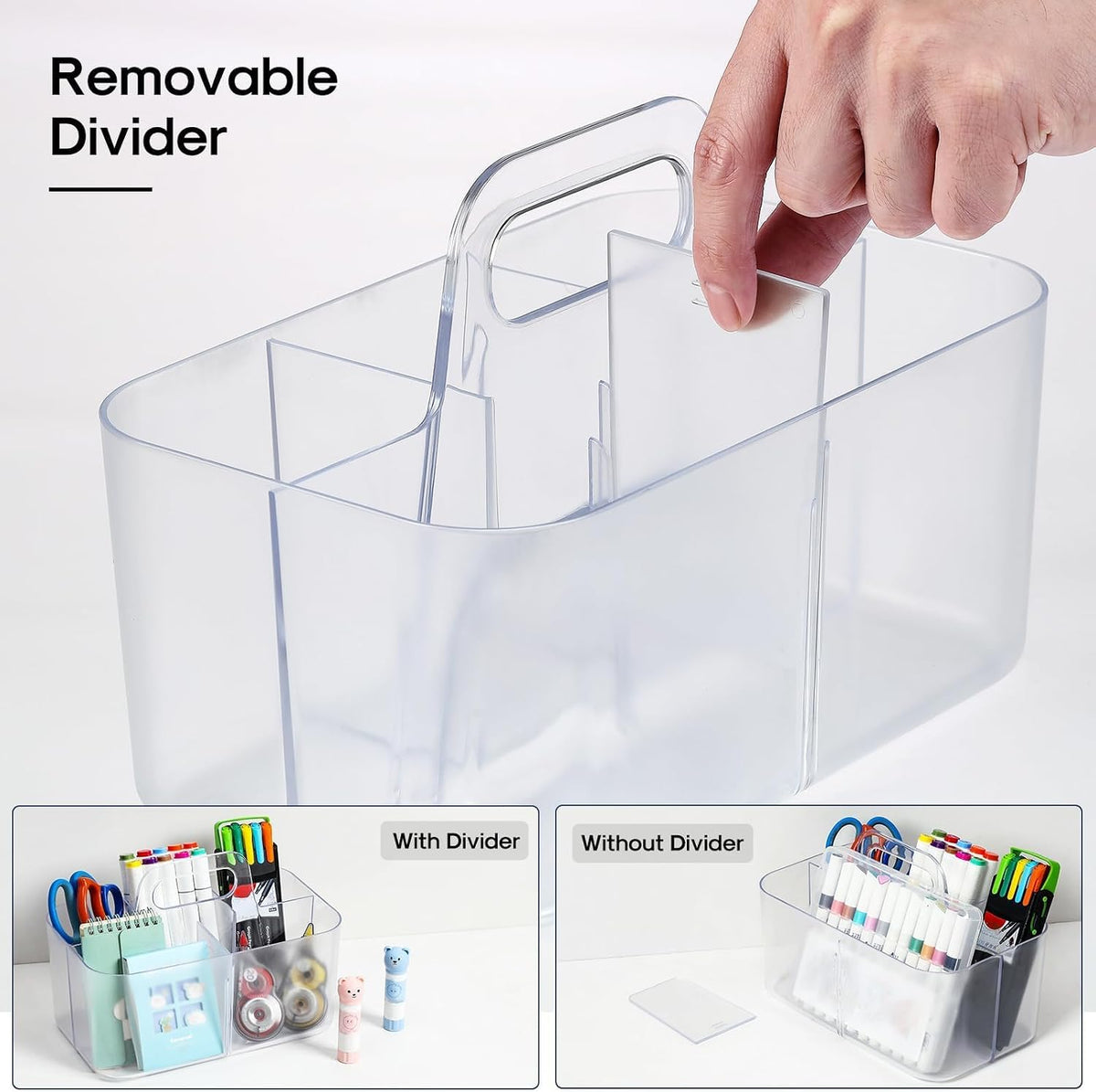 Multiuse Caddy Organizer with Handle, Portable Divided Plastic Tote Bin - Art Craft, Stationary Pen Marker Crayons, Makeup Hair Supplies Storage - Bathroom, Classroom, Dorm, Office, Desk Holder -Black