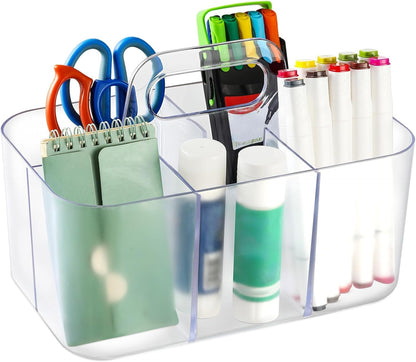 Multiuse Caddy Organizer with Handle, Portable Divided Plastic Tote Bin - Art Craft, Stationary Pen Marker Crayons, Makeup Hair Supplies Storage - Bathroom, Classroom, Dorm, Office, Desk Holder -Black