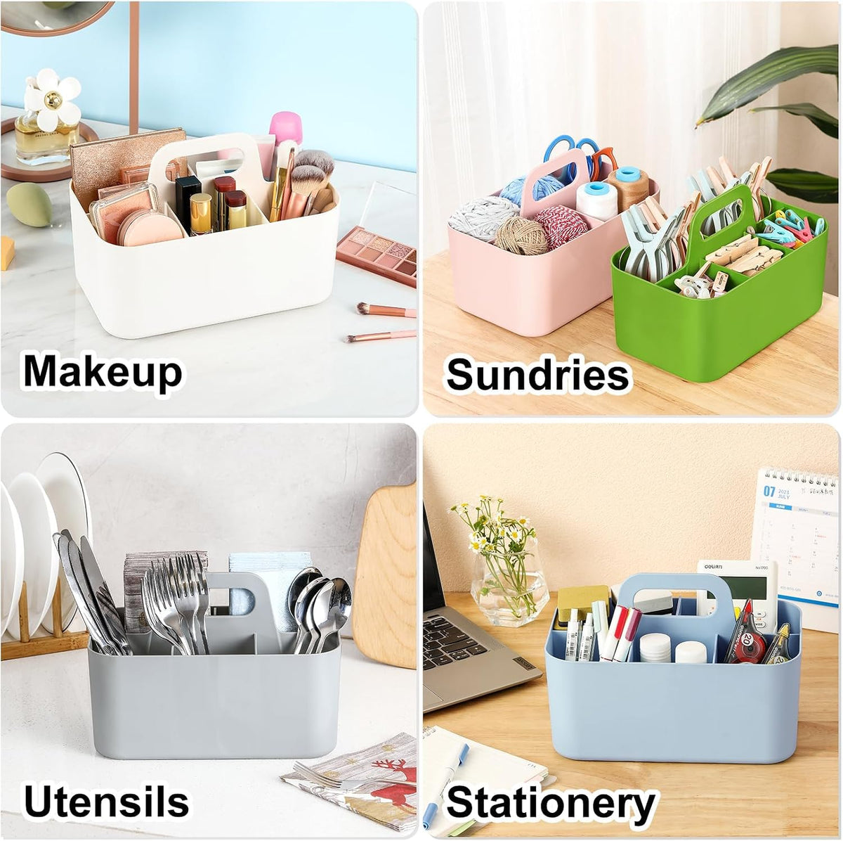 Multiuse Caddy Organizer with Handle, Portable Divided Plastic Tote Bin - Art Craft, Stationary Pen Marker Crayons, Makeup Hair Supplies Storage - Bathroom, Classroom, Dorm, Office, Desk Holder -Black