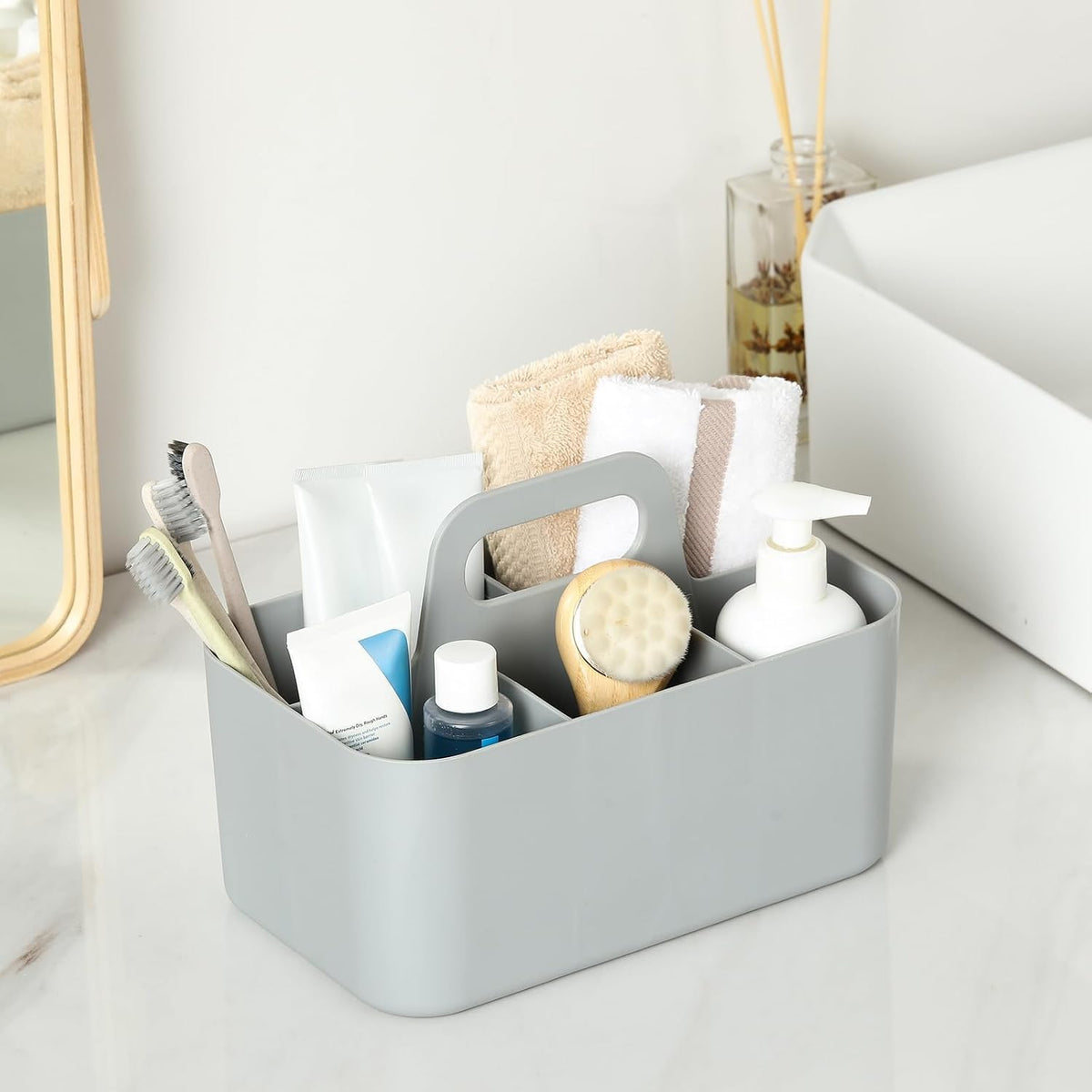 Multiuse Caddy Organizer with Handle, Portable Divided Plastic Tote Bin - Art Craft, Stationary Pen Marker Crayons, Makeup Hair Supplies Storage - Bathroom, Classroom, Dorm, Office, Desk Holder -Black