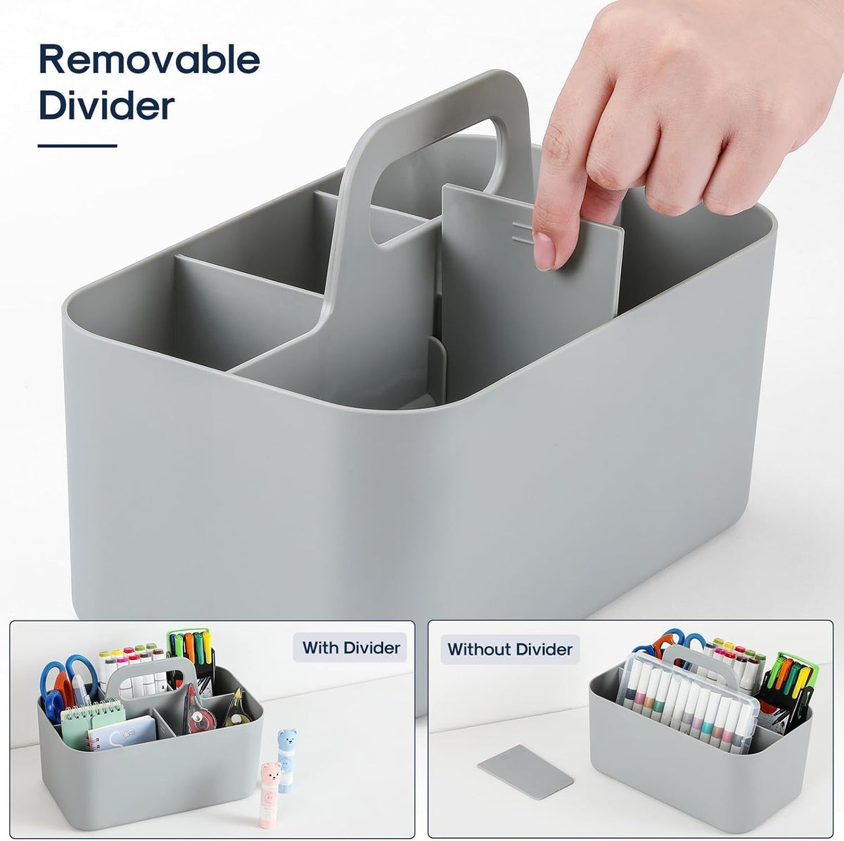 Multiuse Caddy Organizer with Handle, Portable Divided Plastic Tote Bin - Art Craft, Stationary Pen Marker Crayons, Makeup Hair Supplies Storage - Bathroom, Classroom, Dorm, Office, Desk Holder -Black