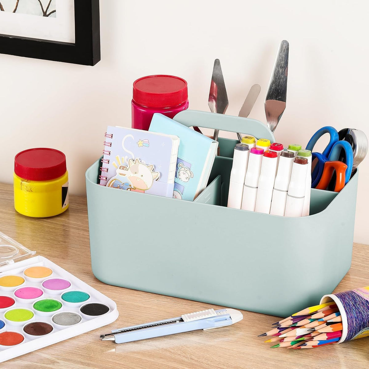 Multiuse Caddy Organizer with Handle, Portable Divided Plastic Tote Bin - Art Craft, Stationary Pen Marker Crayons, Makeup Hair Supplies Storage - Bathroom, Classroom, Dorm, Office, Desk Holder -Black