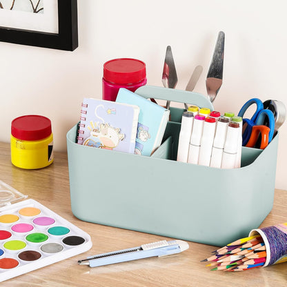 Multiuse Caddy Organizer with Handle, Portable Divided Plastic Tote Bin - Art Craft, Stationary Pen Marker Crayons, Makeup Hair Supplies Storage - Bathroom, Classroom, Dorm, Office, Desk Holder -Black