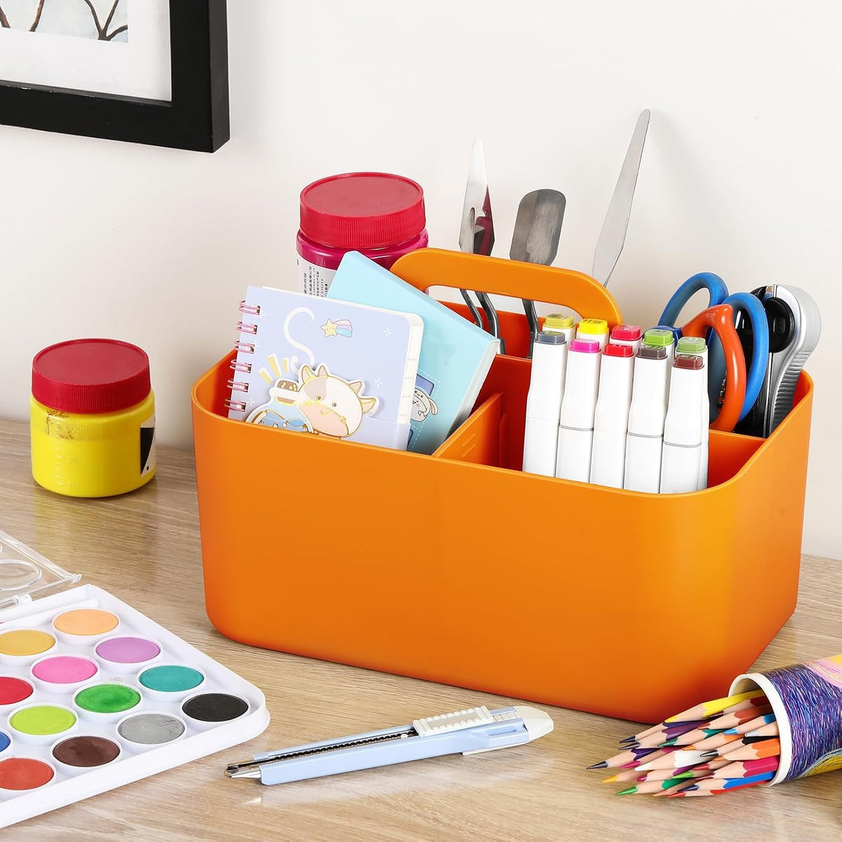Multiuse Caddy Organizer with Handle, Portable Divided Plastic Tote Bin - Art Craft, Stationary Pen Marker Crayons, Makeup Hair Supplies Storage - Bathroom, Classroom, Dorm, Office, Desk Holder -Black