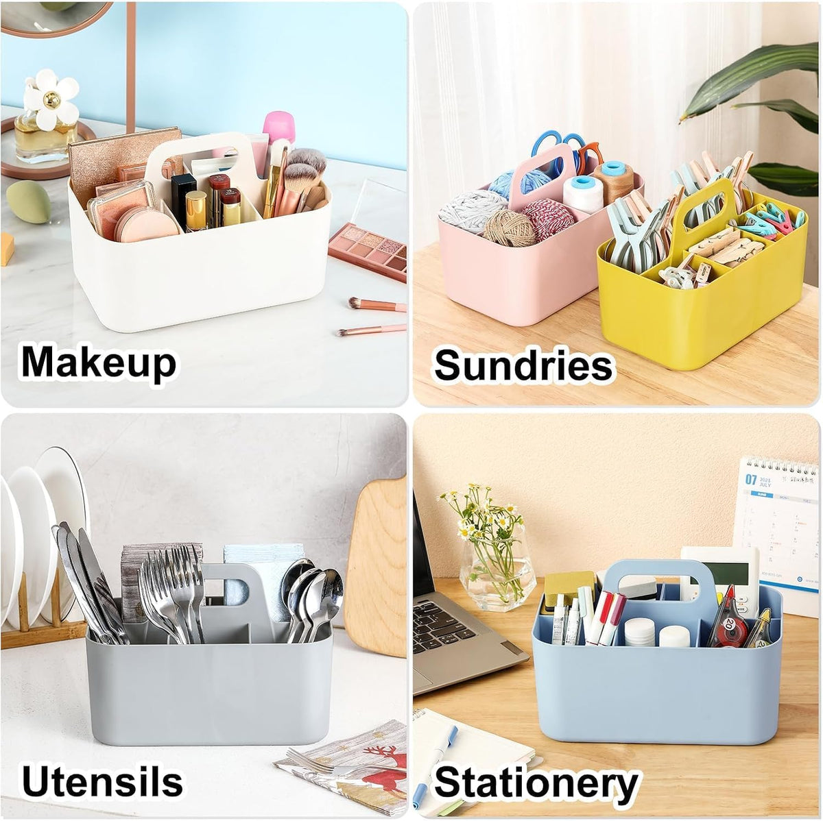 Multiuse Caddy Organizer with Handle, Portable Divided Plastic Tote Bin - Art Craft, Stationary Pen Marker Crayons, Makeup Hair Supplies Storage - Bathroom, Classroom, Dorm, Office, Desk Holder -Black