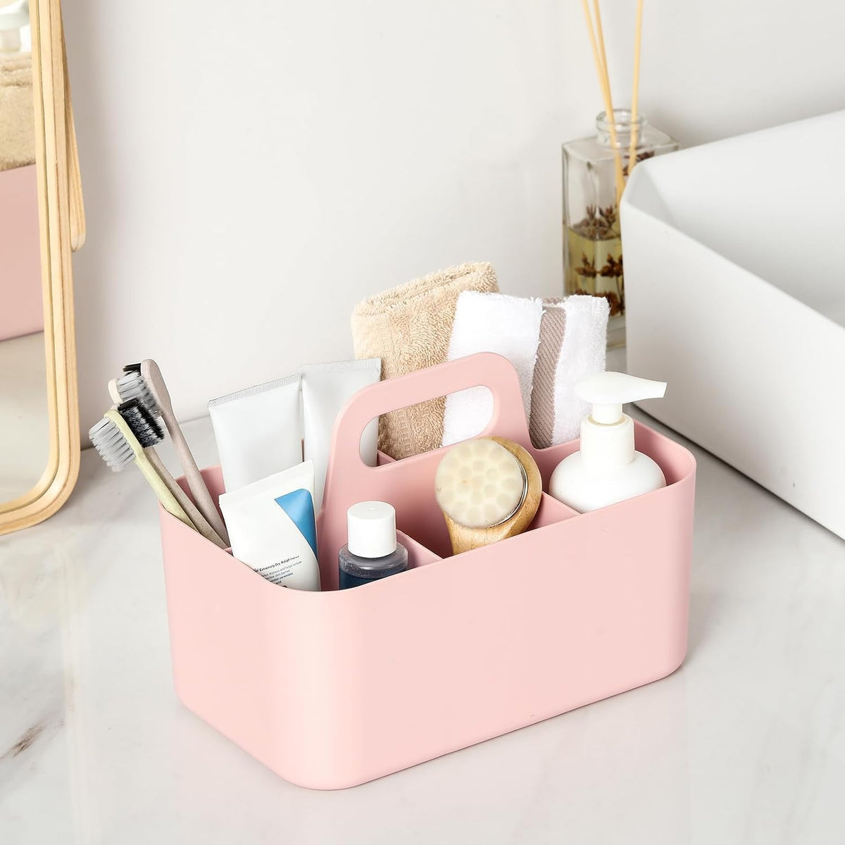 Multiuse Caddy Organizer with Handle, Portable Divided Plastic Tote Bin - Art Craft, Stationary Pen Marker Crayons, Makeup Hair Supplies Storage - Bathroom, Classroom, Dorm, Office, Desk Holder -Black