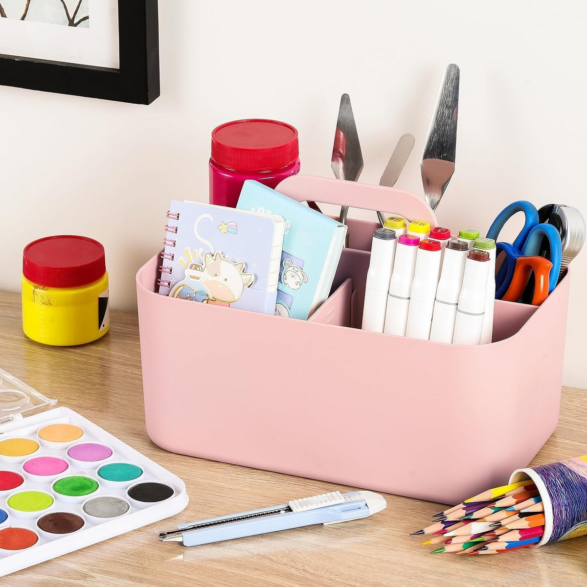 Multiuse Caddy Organizer with Handle, Portable Divided Plastic Tote Bin - Art Craft, Stationary Pen Marker Crayons, Makeup Hair Supplies Storage - Bathroom, Classroom, Dorm, Office, Desk Holder -Black
