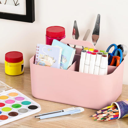 Multiuse Caddy Organizer with Handle, Portable Divided Plastic Tote Bin - Art Craft, Stationary Pen Marker Crayons, Makeup Hair Supplies Storage - Bathroom, Classroom, Dorm, Office, Desk Holder -Black