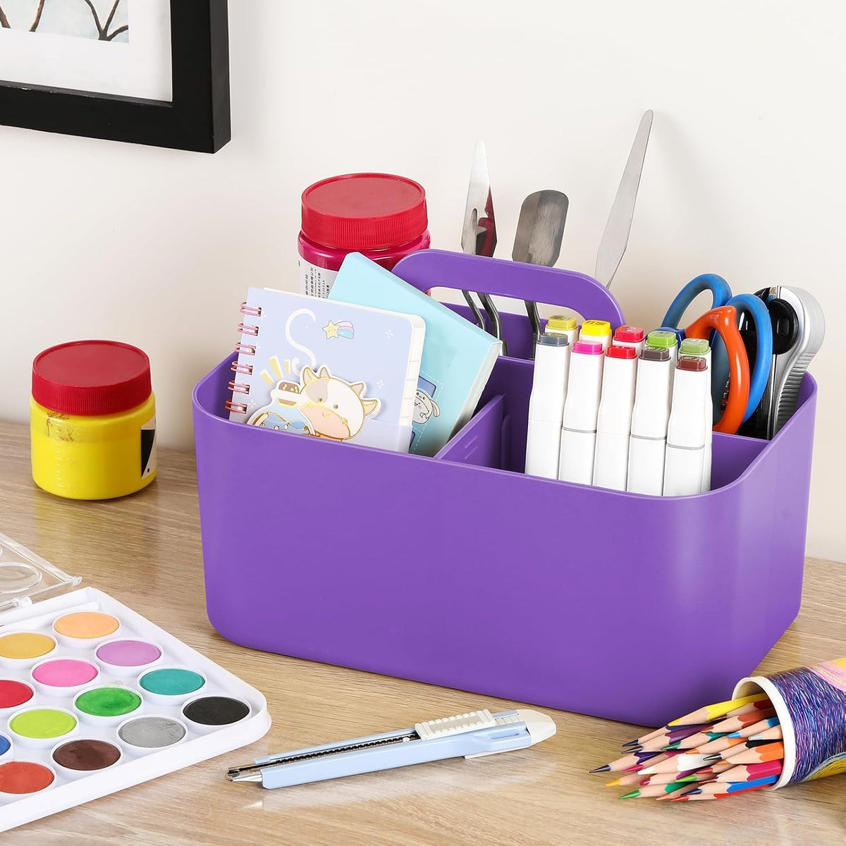 Multiuse Caddy Organizer with Handle, Portable Divided Plastic Tote Bin - Art Craft, Stationary Pen Marker Crayons, Makeup Hair Supplies Storage - Bathroom, Classroom, Dorm, Office, Desk Holder -Black