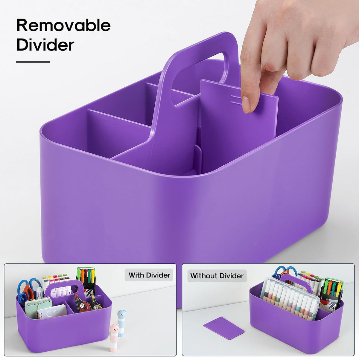 Multiuse Caddy Organizer with Handle, Portable Divided Plastic Tote Bin - Art Craft, Stationary Pen Marker Crayons, Makeup Hair Supplies Storage - Bathroom, Classroom, Dorm, Office, Desk Holder -Black