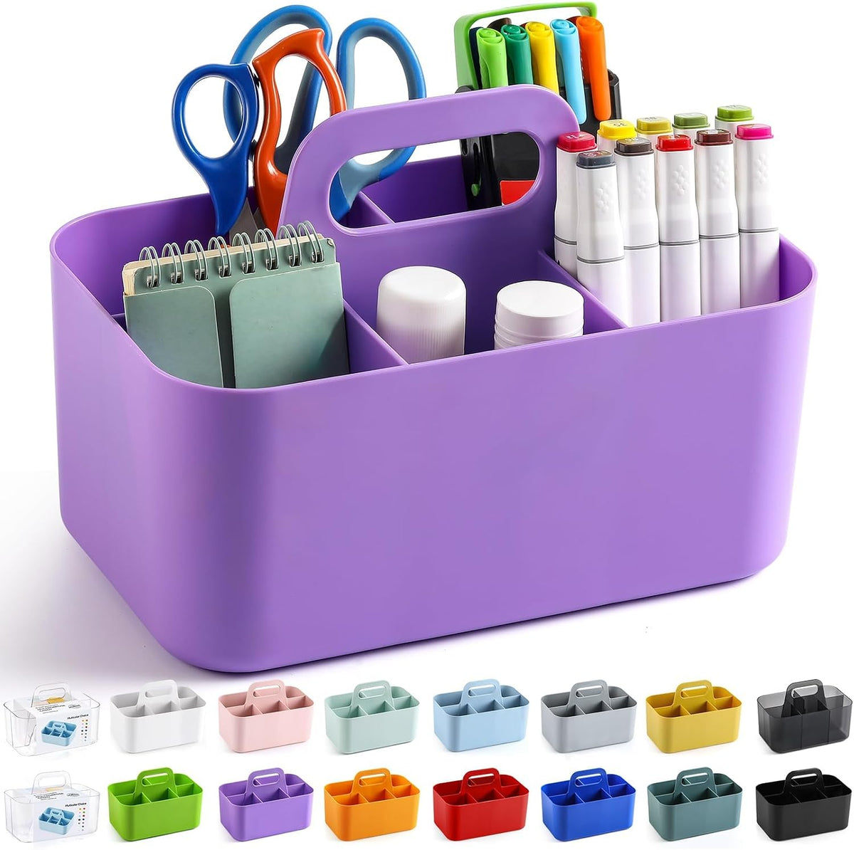 Multiuse Caddy Organizer with Handle, Portable Divided Plastic Tote Bin - Art Craft, Stationary Pen Marker Crayons, Makeup Hair Supplies Storage - Bathroom, Classroom, Dorm, Office, Desk Holder -Black