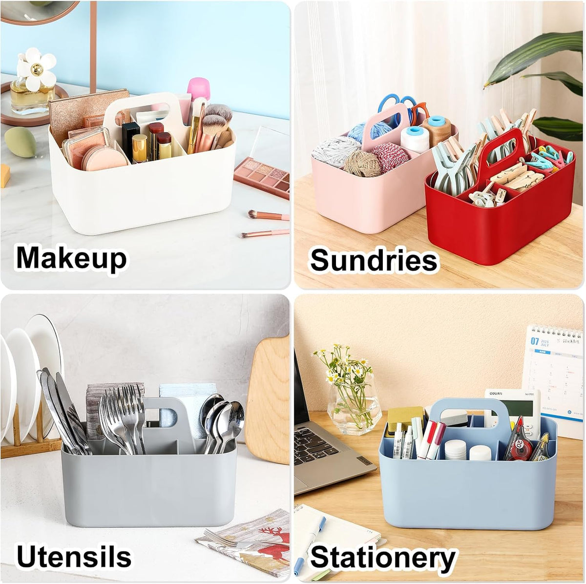 Multiuse Caddy Organizer with Handle, Portable Divided Plastic Tote Bin - Art Craft, Stationary Pen Marker Crayons, Makeup Hair Supplies Storage - Bathroom, Classroom, Dorm, Office, Desk Holder -Black