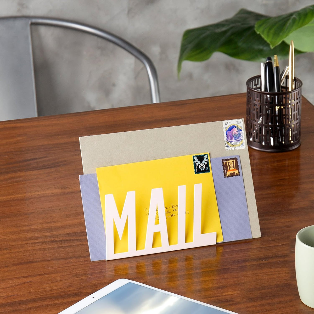 MyGift Modern Black Mail Holder Organizer with Cutout MAIL Lettering Design