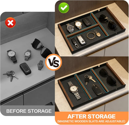 Valet Tray For Men With Magnetic Wooden Strip*2,Can Freely Adjustable Space