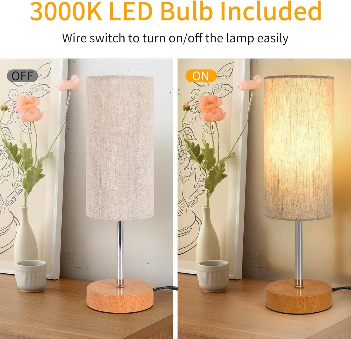 Small Table Lamp, Bedside Table Lamp for Bedroom, Lamp for Nightstand with Linen Fabric Shade, Minimalist Modern Desk Lamp for Living Room Office Dorm Kids Room