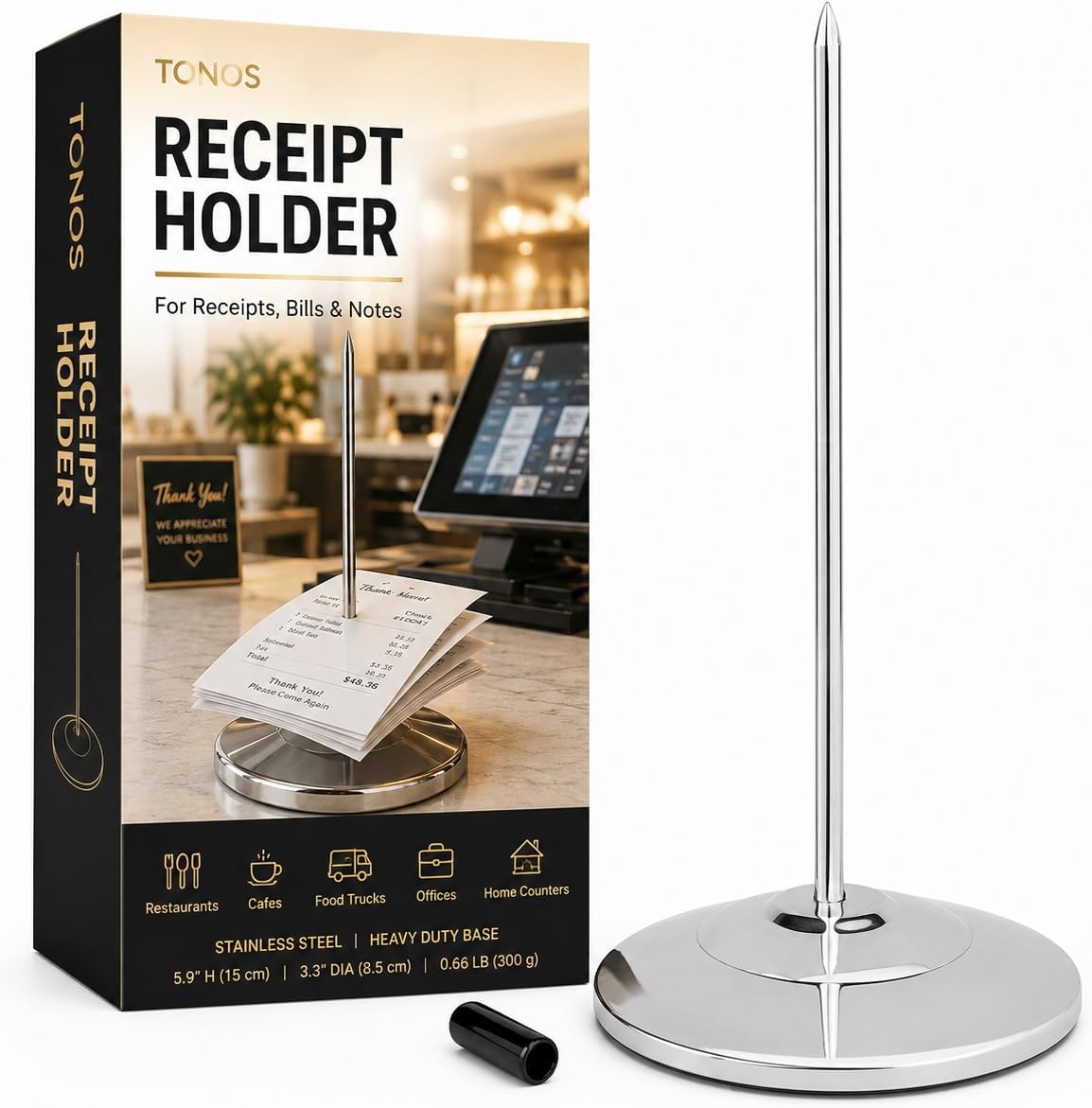 Receipt Holder, Receipt Spike for Restaurants, Stainless Steel Check Spindle Bill Fork with Solid Heavy-Duty Non-Slip Base, Receipt Memo Note Holder for Cafes, Food Trucks, Offices