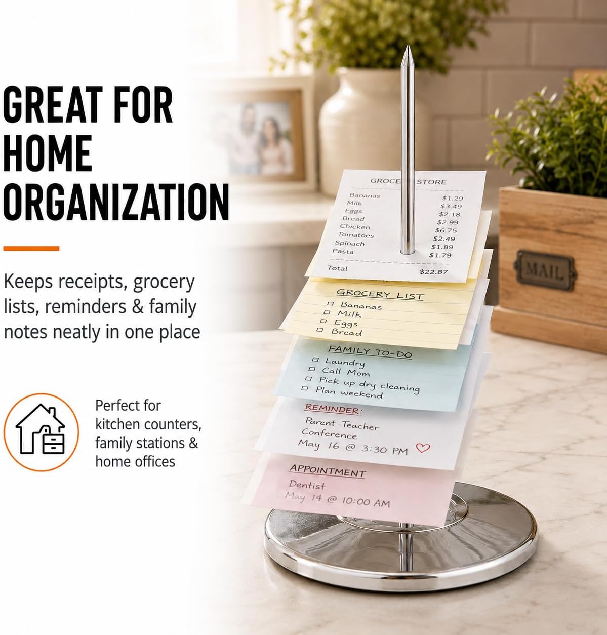 Receipt Holder, Receipt Spike for Restaurants, Stainless Steel Check Spindle Bill Fork with Solid Heavy-Duty Non-Slip Base, Receipt Memo Note Holder for Cafes, Food Trucks, Offices