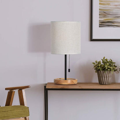 Modern Table Lamp, Nightstand Desk Lamp, Bedside Lamp with Wood Base and Linen Shade for Living Room, Bedroom, Office, College Dorm