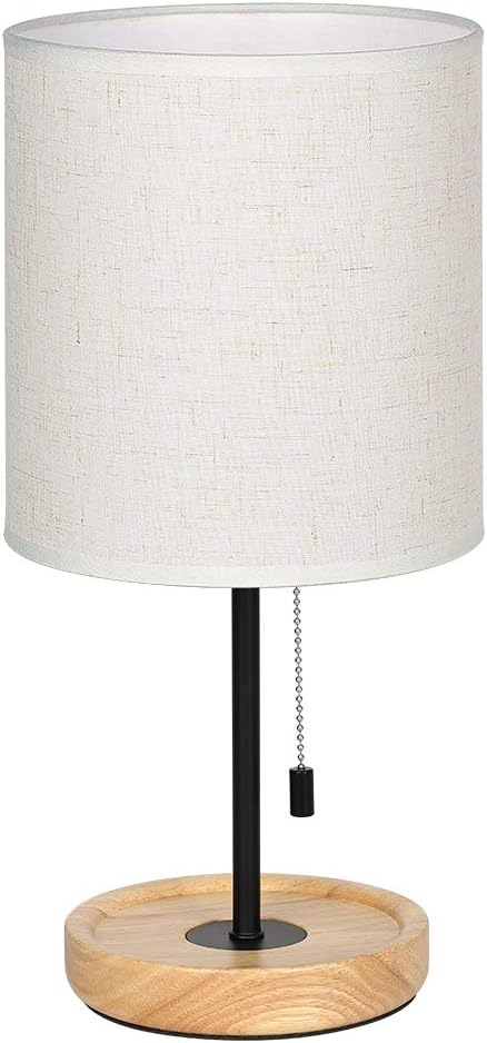 Modern Table Lamp, Nightstand Desk Lamp, Bedside Lamp with Wood Base and Linen Shade for Living Room, Bedroom, Office, College Dorm