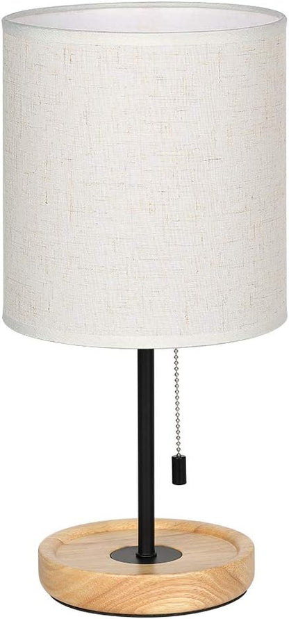 Modern Table Lamp, Nightstand Desk Lamp, Bedside Lamp with Wood Base and Linen Shade for Living Room, Bedroom, Office, College Dorm