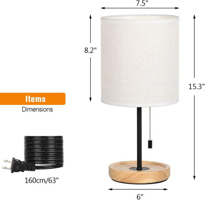 Modern Table Lamp, Nightstand Desk Lamp, Bedside Lamp with Wood Base and Linen Shade for Living Room, Bedroom, Office, College Dorm